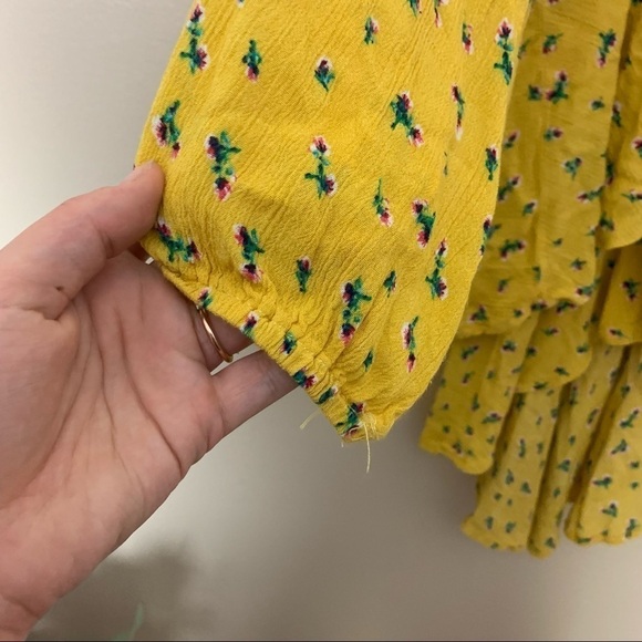 26. [Suzanne Betro] Yellow Floral Print Ruffle Tiered High Low Button Down Top - Picture 5 of 9